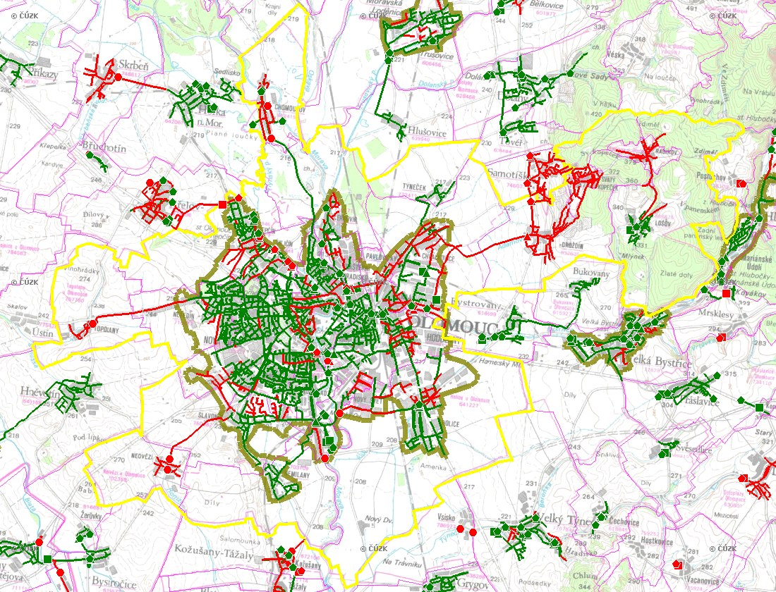 E. KANALIZACE A ČOV Mapa E1: Kanalizace - rozvody v obci Trasování sítí, lokalizace ČOV, čerpací stanice (ČS), výústě Obec: Legenda: Kanalizace: Ochranné pásmo: Vyústění: do 2015 po 2015 I IA IB II