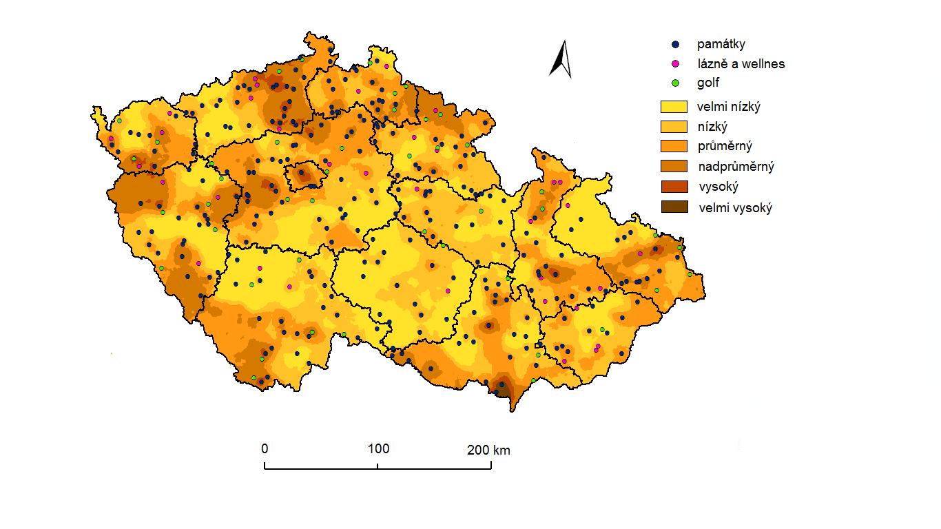 cestovního ruchu v České republice znázorněny růžovou barvou, v jejichž zázemí najdeme golfové hřiště (zelená barva) a v nejbližším okolí je chráněná krajinná oblast nebo národní park.