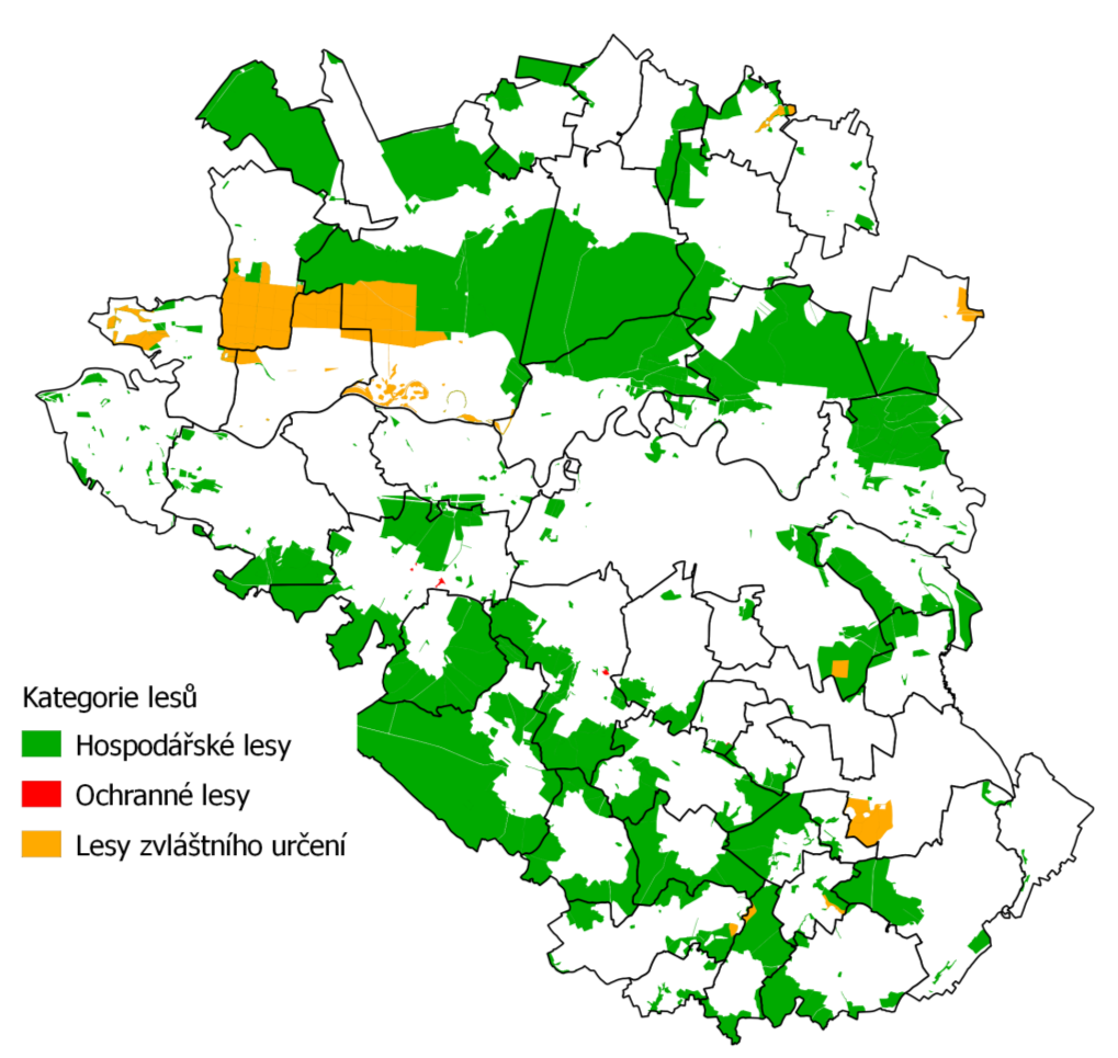 Obrázek 18 Kategorizace lesa ORP Přelouč Zdroj: data ÚHÚL, 2013 (jev č. 37,38, 39) Vzdálenost 50 m od okraje lesa (jev č. 40) Dle zákona č. 289/95 Sb., oddíl druhý, 14, odst.