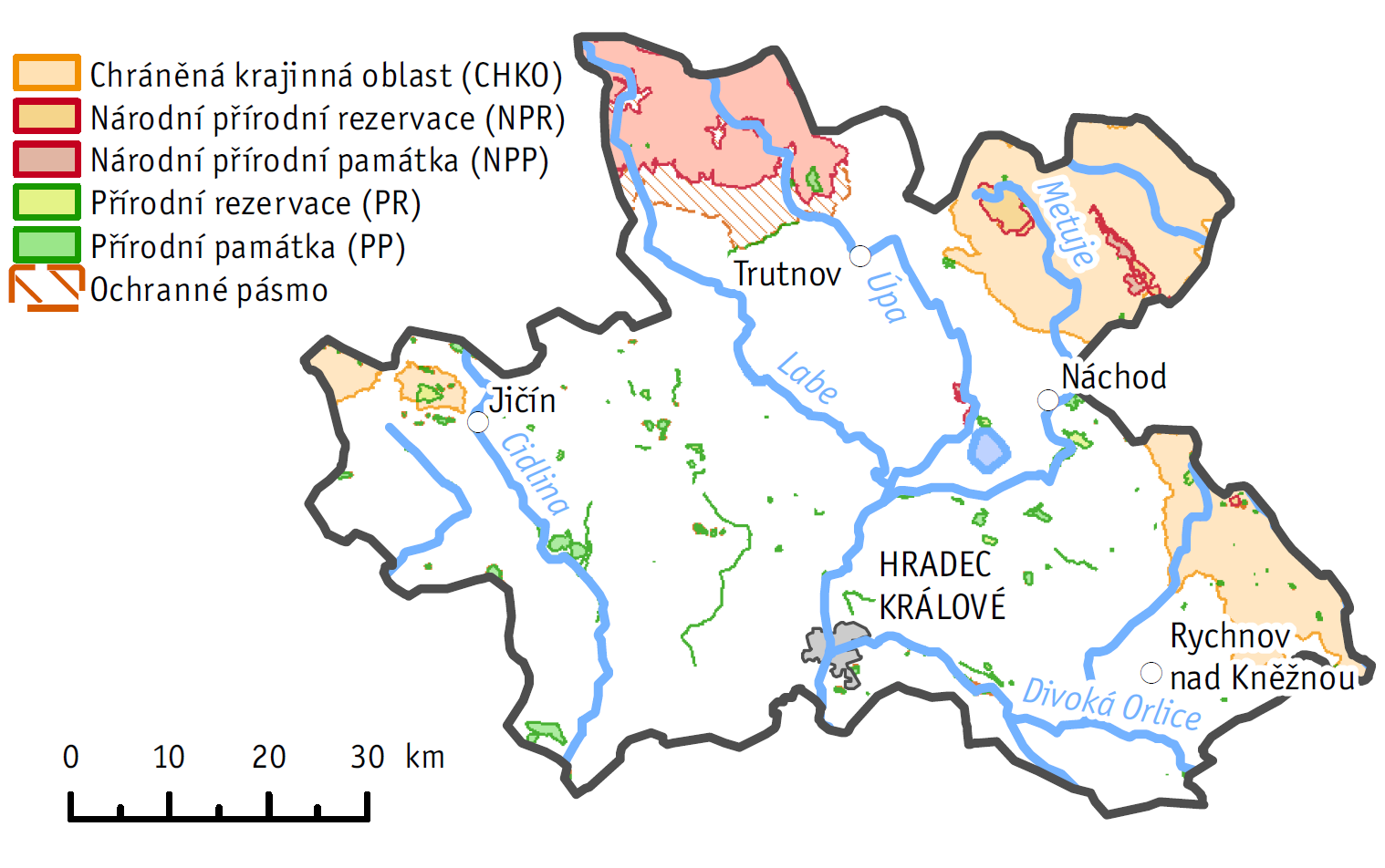 4 Ochrana přírody 4.1 Územní a druhová ochrana přírody Na území Královéhradeckého kraje se v roce 2014 nacházela, nebo do něj zasahovala, čtyři velkoplošná zvláště chráněná území (Obr. 4.1.1).