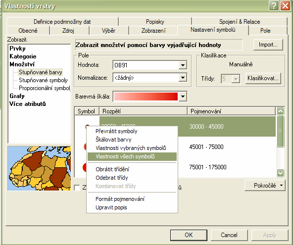 2. způsob (obr. č. 21) V okně Vlastnosti vrstvy na záložce Nastavení symbolů se klikne pravým tlačítkem myši na první symbol a vybere se Vlastnosti všech symbolů.