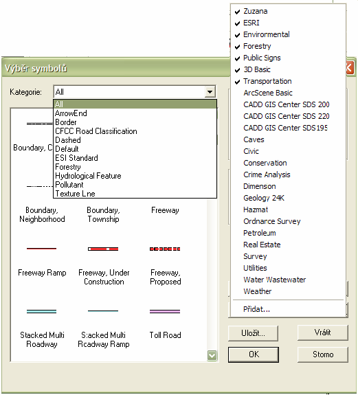 Obrázek 24 - Silniční síť v ČR Jedním z nich je nástroj dialogové okno Výběr symbolů, který umožňuje změnu parametrů liniových prvků (barva, velikost, struktura, tvar).