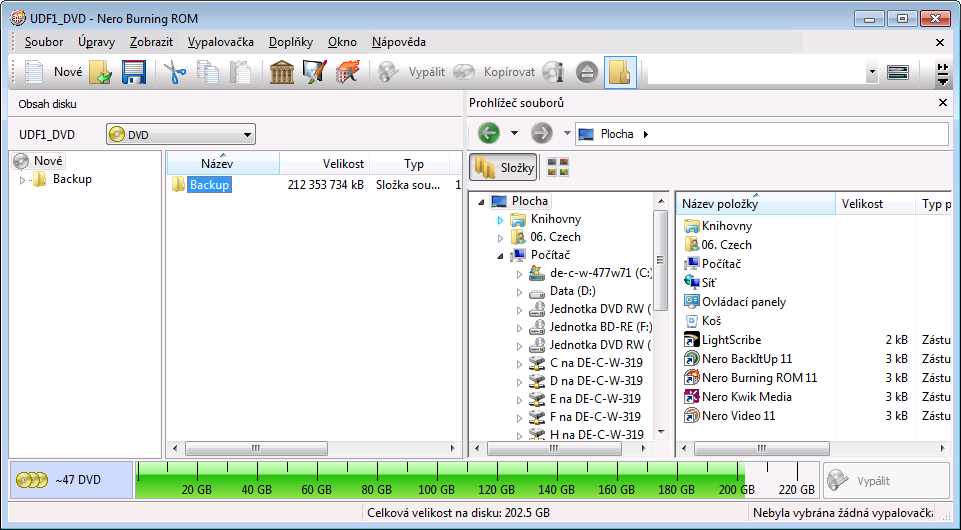 Datový disk Okno Nová kompilace se zavře a objeví se obrazovka výběru. Výběrová obrazovka DiscSpan (UDF) 7. V oblasti Prohlížeč souborů vyberte soubory a složky, které chcete vypálit. 8.