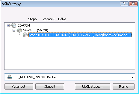 Datový disk Výběr stopy 3. Vyberte první datovou stopu. 4. Klepněte na tlačítko Uložit stopu. Otevře se okno Uložit jako. 5. Vyberte název souboru a místo uložení. 6.