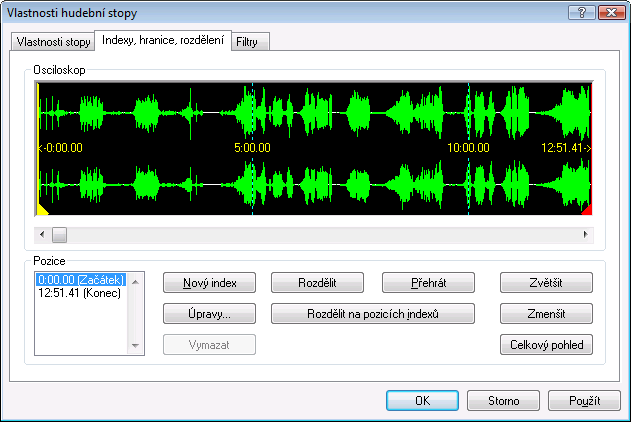 Zvukové CD a zvukové soubory Záložka Indexy, hranice, rozdělení V oblasti Osciloskop se zvukové soubory zobrazují graficky.