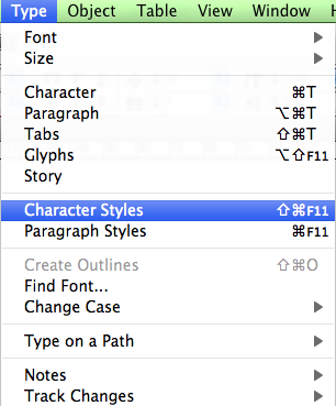 Okno pro editaci Znakových stylů vyvoláme přes MENU>TEXT>CHARACTER STYLES. Způsob vytváření a odstraňování stylů je totožný jako v případě Odstavcových stylů.