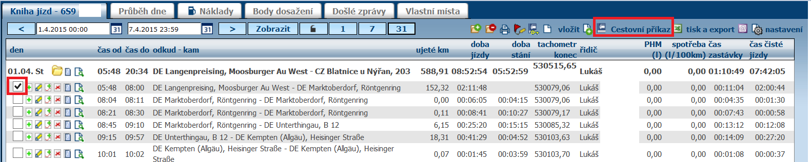 5.27.1 Cestovní příkazy z knihy jízd Nyní je možné generovat cestovní příkazy i na záložce Dispečink v knize jízd zvoleného vozidla (jedná se o zpětné řešení cestovních příkazů).