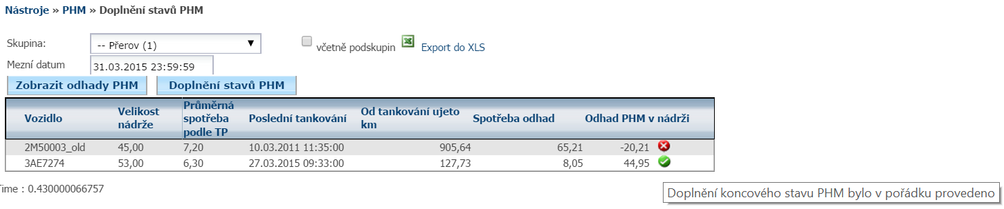 5.32 Doplnění stavů PHM Tento nástroj je určen pro která nejsou napojena na sběrnici ve vozidle či externí průtokoměr a nenačítá se tedy stav paliva v nádrži.