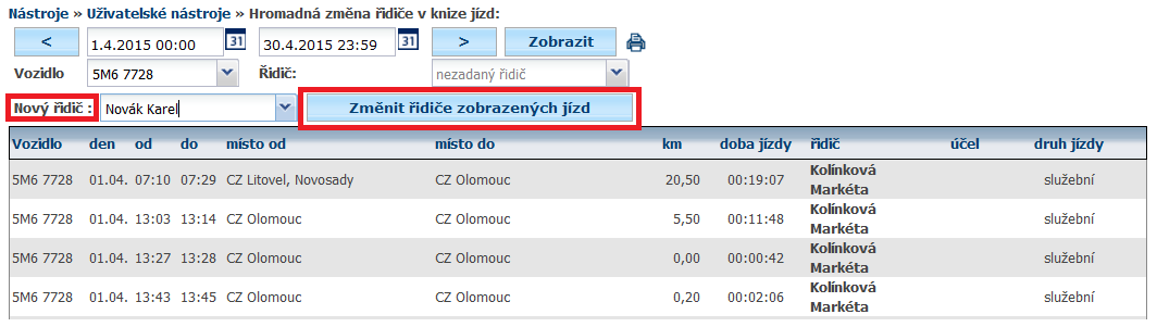 Pokud uživatel potřebuje hromadně zvolit řidiče a ten není v systému zaveden, může vyplnit prázdné okénko, které se propíše jménem řidiče, dle jeho požadavků.