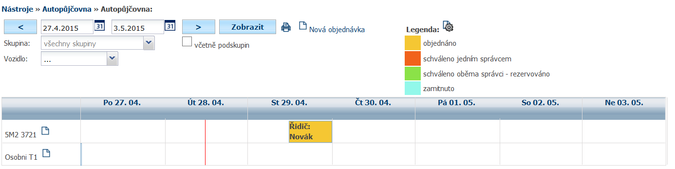 5.39 Autopůjčovna V nástrojích může uživatel také využít funkci Autopůjčovna, která by měla pomoci při rezervacích firemních vozidel na určitý čas.