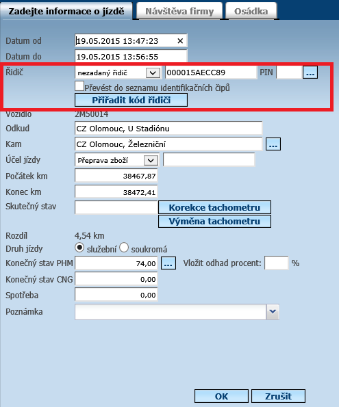 Dále se v editačním dialogu jízdy objeví nové položky Převést do seznamu identifikačních čipů a Přiřadit kód řidiči.