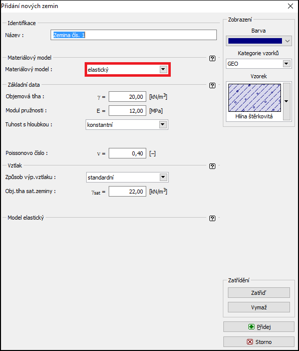 Dialogové okno Přidání nových zemin Dalším krokem je zadání geometrie konstrukce.