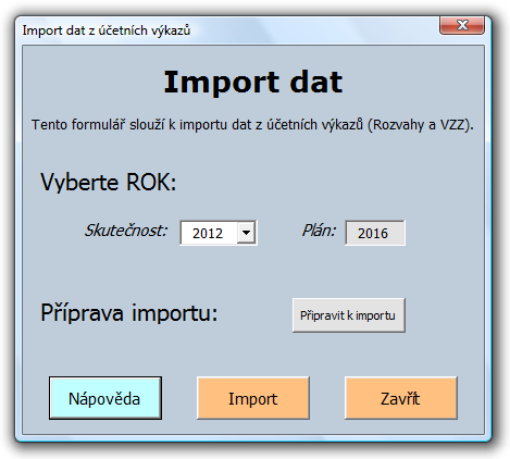 Vlastní návrhy řešení, přínos návrhů řešení s parametrem Hodnoty ). Automatický import nabízí formulář Import dat z účetních výkazů, který lze zavolat pomocí CTRL+i.