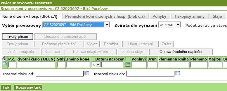 5 vstup pro opravu úvodního stavu 5 Z původně načteného seznamu mohu výběrem a klikem na smazat, koně vymazat. 5 Mohu také dalšího koně doplnit vyhledáním přes UELN a klikem na zelenou faječku.