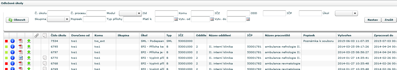 V záložce Přehledy má uživatel u jednotlivých typů úkolů možnost tyto úkoly filtrovat podle následujících položek, viz obrázek.