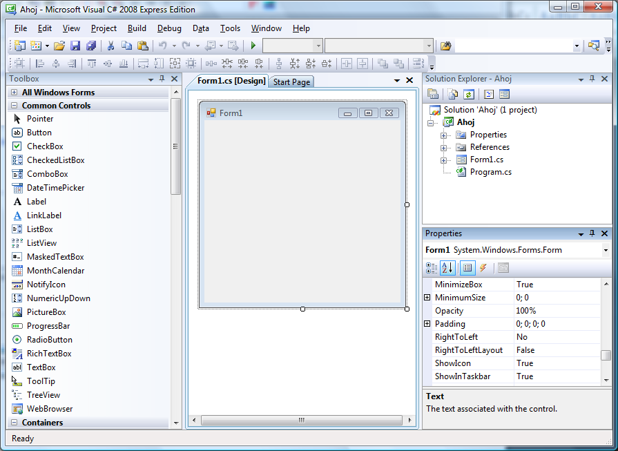 10 Programovací jazyky Obr. 3: Visual Studio- základní rozhraní 2.2 Nastavení vlastností Okno properties (na obr. vpravo dole) zobrazuje vlastnosti právě zvoleného objektu na formuláři.