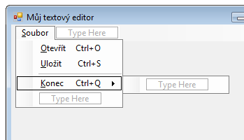 Programovací jazyky 23 3) oživit menu (vytvořit události ovládající jednotlivé položky menu) Položky menu velmi jednoduše vypíšeme prostě klikneme na Type here a píšeme položku Visual studio zároveň