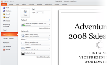 Kde sa nachádza príkaz Ukážka pred tlačou? V programe PowerPoint 2010 sa ukážka pred tlačou už nezobrazuje v samostatnom okne.