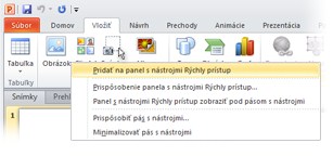 Jednoduchý prístup k obľúbeným príkazom Panel s nástrojmi Rýchly prístup, ktorý sa nachádza v ľavom hornom rohu okna programu PowerPoint, poskytuje skratky často používaných príkazov.