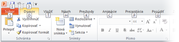 Úvod do klávesových skratiek Program PowerPoint 2010 poskytuje na páse s nástrojmi skratky, označované ako klávesové skratky, pomocou ktorých môžete rýchlo vykonávať požadované úlohy bez použitia