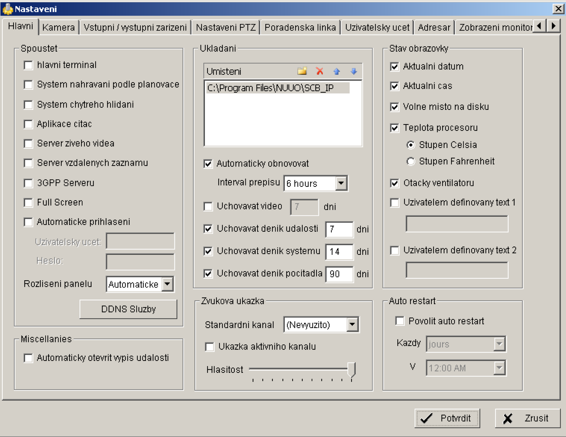 5. Nastavenie 1) Hlavné (pozri obrázok) Tu sa nastavujú základné vlastnosti programu Vyberáte si, ktoré súčasti programu sa majú spúšťať pri štarte programu NUUO, volíte rozlíšenie panelu, možnosti