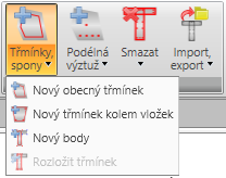 Uživatelská příručka IDEA Beam 125 10.4.4 Smyková výztuž Do průřezů nosníků a sloupů lze zadat smykovou výztuž pomocí třmínků. Smyková výztuž nosníkových desek se definuje pomocí spon. 10.4.4.1 Třmínky Na kartě Výztuž jsou pod příkazem Třmínky, spony sdruženy příkazy pro práci s třmínky.