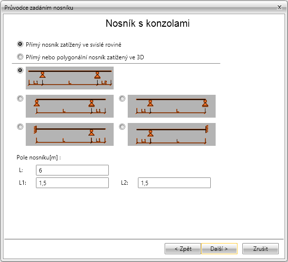 Uživatelská příručka IDEA Beam 17 4.1.3 Nosník s konzolami Pro nosník s převislými konci lze ve druhém kroku průvodce vybrat jeden z dostupných typů uložení a převislých konců.