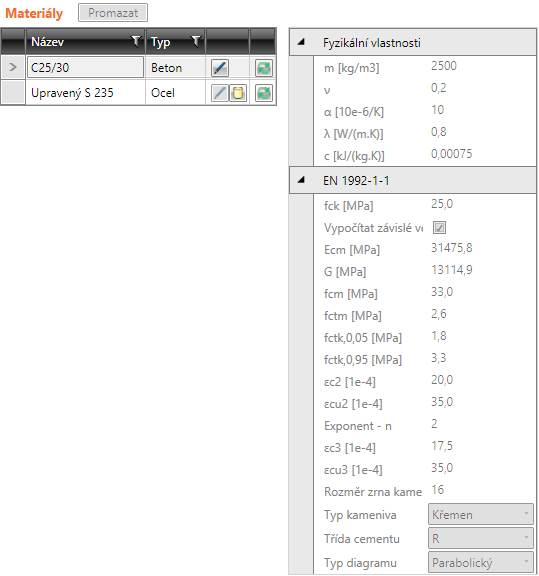 Uživatelská příručka IDEA Beam 33 5.3 Materiály Příkazem navigátoru Projekt > Materiály se spustí prohlížení a editace charakteristik materiálů použitých v projektu.