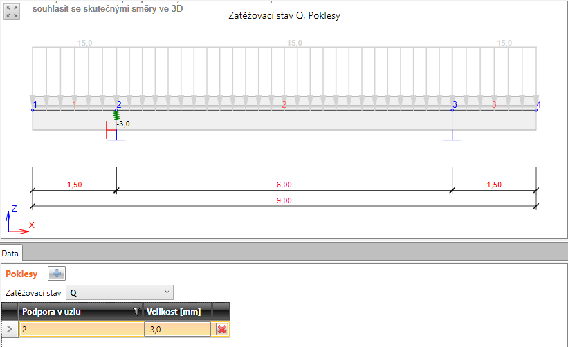 Uživatelská příručka IDEA Beam 55 5.5.8 Zatížení poklesem podpory Zadání zatížení poklesem podpory se spustí příkazem navigátoru Zatížení > Poklesy. Do libovolné podpory lze zadat zatížení poklesem.