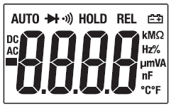 Ovládací prvky a konektory 1. 4000 LCD display 2. Tlačítko MODE 3. Tlačítko HOLD 4. Funkční spínač 5. COM vstupní zdířka 6. 10A vstupní konektor 7. V, Ω, CAP, Temp, Hz, μa a ma vstupní konektory 8.