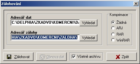 ZK SOFT Program ZK Sklad Databáze Zálohování dat Po spuštění se zobrazí okno, kde lze nastavit datový adresář programu a záložní adresář.