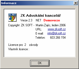 Program ZK Sklad ZK SOFT Informace Registrace programu Po nainstalování se program AKSOFT chová jako demoverze je možné pracovat s daty, ale nejsou povoleny tisky.