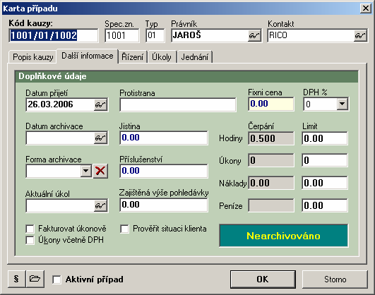 ZK SOFT Program ZK Sklad Editace kauzy Typ případu se volí při zadávání nové kauzy z tohoto číselníku: Na kartě případu se zapisují základní údaje ke kauze (popis, přijetí, termín, stav atd. ).