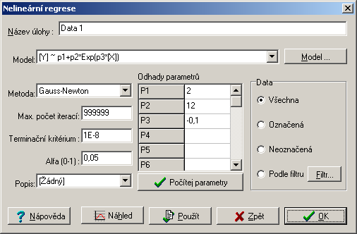 Nelineární regrese Menu: QCExpert Nelineární regrese Modul nelineární regrese slouží pro tvorbu a analýzu explicitních nelineárních regresních modelů v obecném tvaru y = F(x,p) (1-1) kde y je