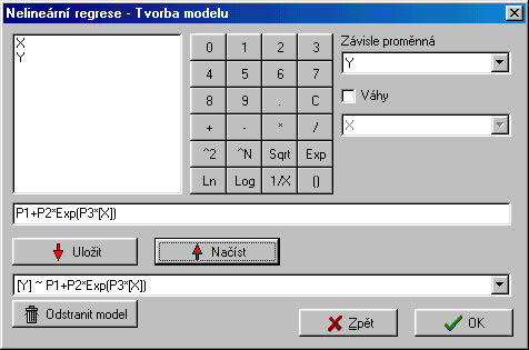 Obrázek 5 Dialogový panel pro tvorbu nelineárního modelu Pokyny pro sestavování modelu: Dvojitým kliknutím na proměnnou v seznamu proměnných opíšeme tuto proměnnou do editačního řádku.
