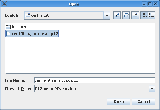 Obrázek 102: Dialog pro výběr souboru obsahujícího certifikát elektronického podpisu Podepsání je vyžadováno zejména u těchto úkonů v rámci nástroje E-ZAK: odeslání zprávy v rámci nástroje E-ZAK