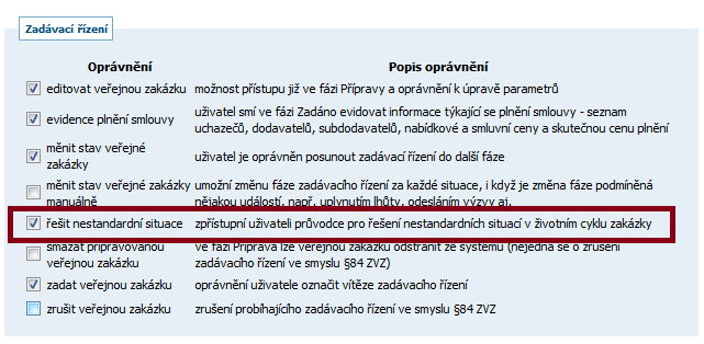 Z A Název oprávnění měnit stav veřejné zakázky manuálně Popis oprávnění (pokud je nastaveno) Toto oprávnění nabídne uživateli příslušnou Akci ke změně fáze v rámci boxu fáze zadávacího řízení na