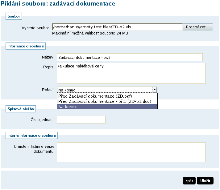 Obrázek 18: Stránka pro přidání souboru (zde se zadávací resp. kvalifikační dokumentací) Opravit název nebo popis již připojených souborů lze pomocí ikony tužky ( upravit ) u příslušného souboru.