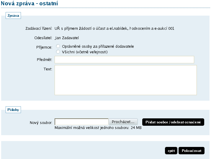 Po kliknutí na tlačítko poslat zprávu se otevře stránka s formulářem pro vytvoření jiné zprávy (druh zprávy ostatní), vizte obrázek 66.