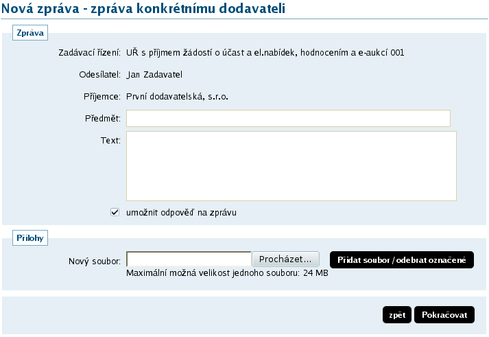 Ostatní uživatelé bez tohoto oprávnění vidí jen ty individuální zprávy, které patří k VZ, u nichž jsou nastaveni jako oprávněné osoby za dodavatele s oprávněním odesílat a číst jiné zprávy.