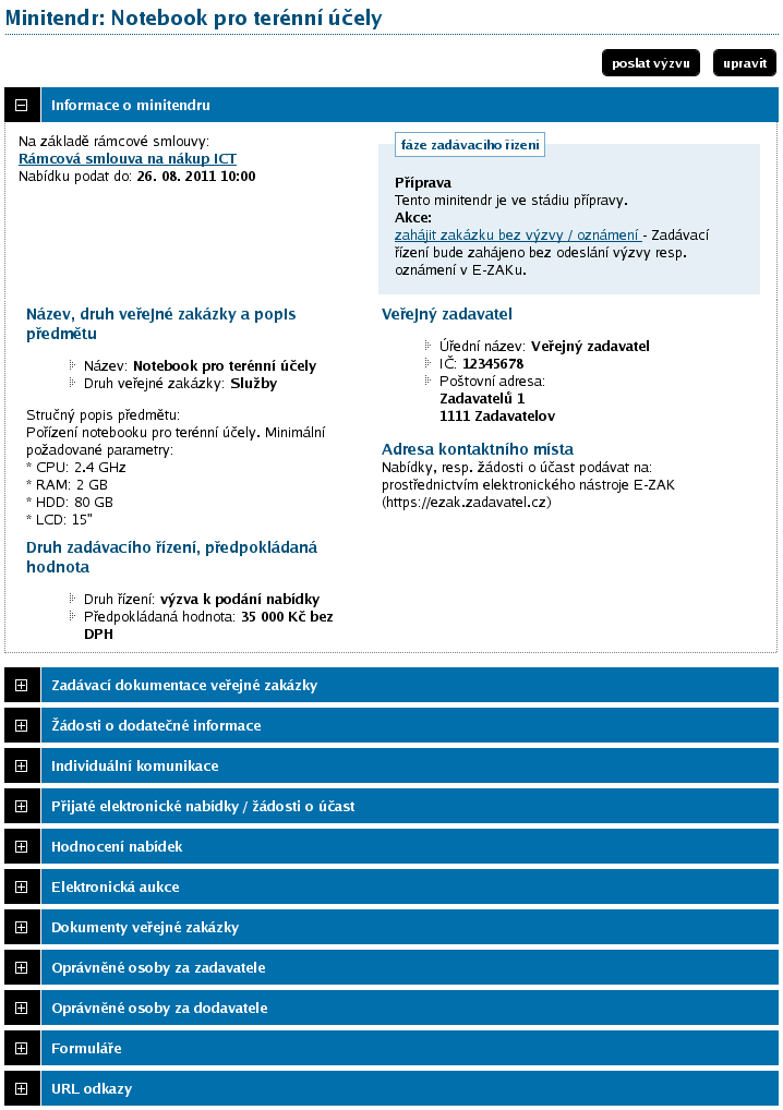 Detail minitendru je velmi podobný detailu veřejné zakázky (je to konec konců také veřejná zakázka). V bloku Informace o minitendru se navíc zobrazuje odkaz na příslušnou rámcovou smlouvu.