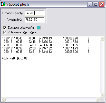 s kódem kvality 8, nebo je výměra parcel určena pouze graficky, mají všechny výměry kód způsobu určení 0. Obr. 16 Výpočet ploch 3.
