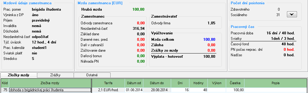 V DoBPŠ má okrem iného dojednané odmenu 2,10 /hodina. Sviatok dohodárovi nepreplácame. Z DoBPŠ nie je študent zdravotne poistený. Výpočet mzdy: Zamestnanec odpracuje celý mesiac august 2014 (16 prac.