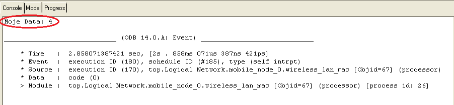 (údaj Moje Data), která byla vložena v nastavení OLSR zprávy v daném uzlu, viz obr. 5.15 a 5.16. Obr. 5.15: Zobrazení údaje Moje Data uzlu Network.mobile_node_0 v debuggeru. Obr. 5.16: Zobrazení údaje Moje Data uzlu Network.