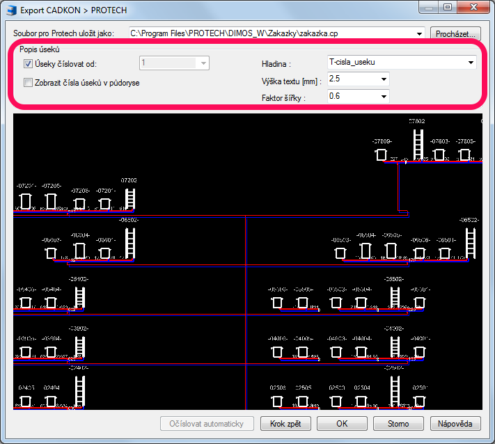 Funkce pro export otopné soustavy do DIMOSu nyní umožňuje zobrazit čísla úseků také v půdorysech a rychle nastavit parametry textových popisů.