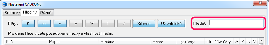 Nastavení klíčů hladin V Nastavení CADKONu je nyní nově možnost vyhledávat klíče hladin dle zadaných klíčových slov. Prohledávají se všechny parametry název klíče, popis klíče a název hladiny.