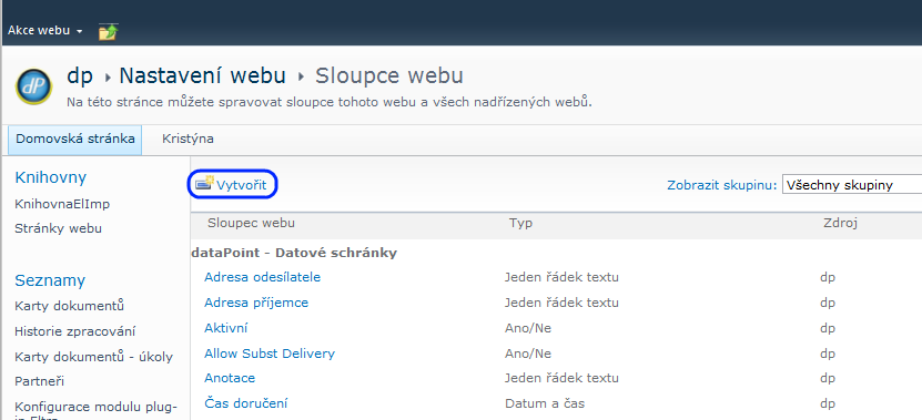 2.1.1 Vytvoření nového atributu Atributy se nastavují v rámci systému SharePoint s určitými specifiky, které jsou popsány v následujících krocích.