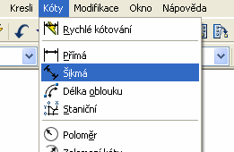 3. použít ikonového menu Kóty a ikonky Srovnaná 4. ze základního menu vybrat nabídku Kóty a volbu Šikmá 5.