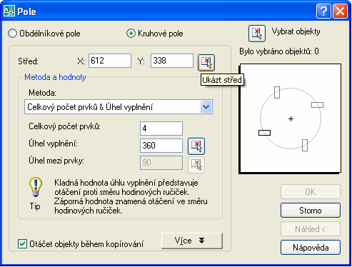 Obdélníkové pole Kruhové pole Mezeru mezi řádky/sloupci u obdélníkového pole je možné zadat buď číselně anebo pomocí tlačítka ukázat mezeru (viz obrázek) ukázání mezery funguje stejně jako nástrojem