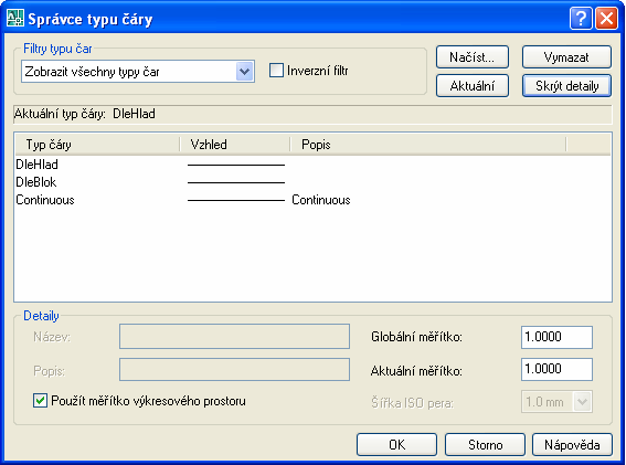 Měřítko typu čáry: Jak již bylo naznačeno, pro správné zobrazení typu čáry je potřeba nastavit správné měřítko typu čáry, které ovlivňuje rozteč přerušovaných čar.